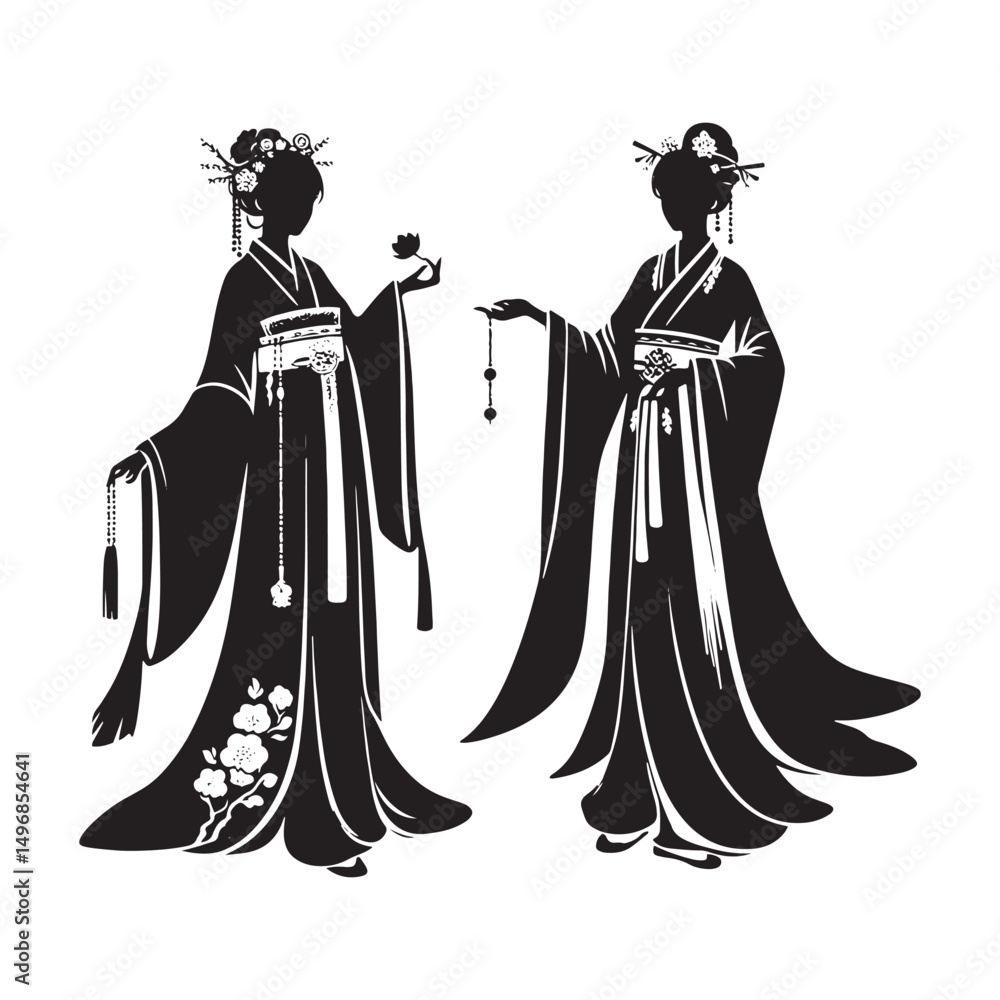 Fototapeta premium Graceful Hanfu Dress Vector Silhouette – Ancient Chinese Traditional Attire, Flowing Robes, Elegant Patterns, Cultural Heritage, and Timeless Beauty in Minimalist Art.