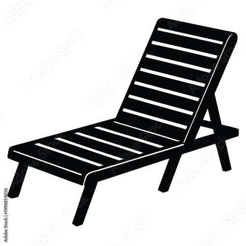 Black deck chair silhouette icon for summer vacation and poolside relaxation.