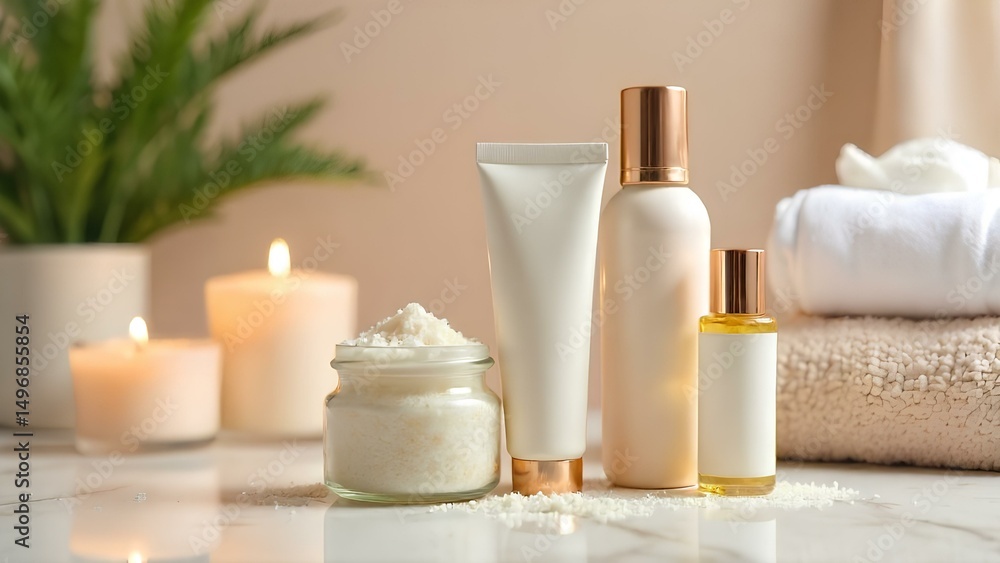 Bottles and containers for cosmetic products, lotion, sea salt, cream, oil. Spa still life, candles and towels. Beauty routine concept Bottles and containers for cosmetic products, lotion, sea salt, cream, oil. Spa still life, candles and towels. Beauty routine concept