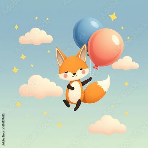 Deedle Fox Flying with Balloons – Cute cartoon fox character floating with balloons.