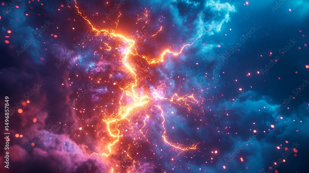 Fiery and icy storm with vibrant energy. A powerful display of contrasted colors and lightning strikes, filled with particles Fiery and icy storm with vibrant energy. A powerful display of contrasted colors and lightning strikes, filled with particles