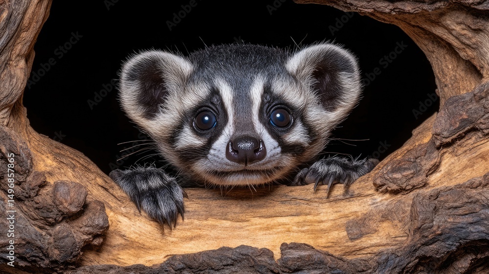Obraz premium Cute Ringtail Kitten in Log Hole.