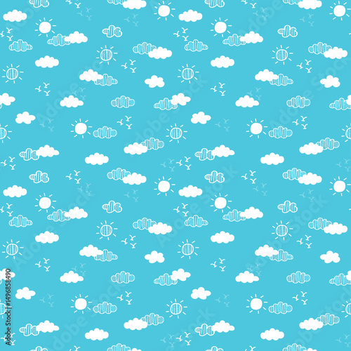 Cute cartoon white clouds on light blue sky. Doodle seamless pattern vector. Minimal wallpaper. Design for fabric, textile, cloth, shirt, skirt, dress, bedsheet, pajama, clothing, sticker.