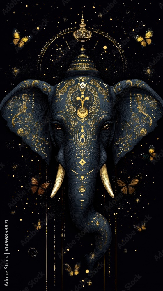 A striking depiction of a Hindu deity represented by a powerful and ornate elephant figure adorned with intricate golden patterns A striking depiction of a Hindu deity represented by a powerful and ornate elephant figure adorned with intricate golden patterns