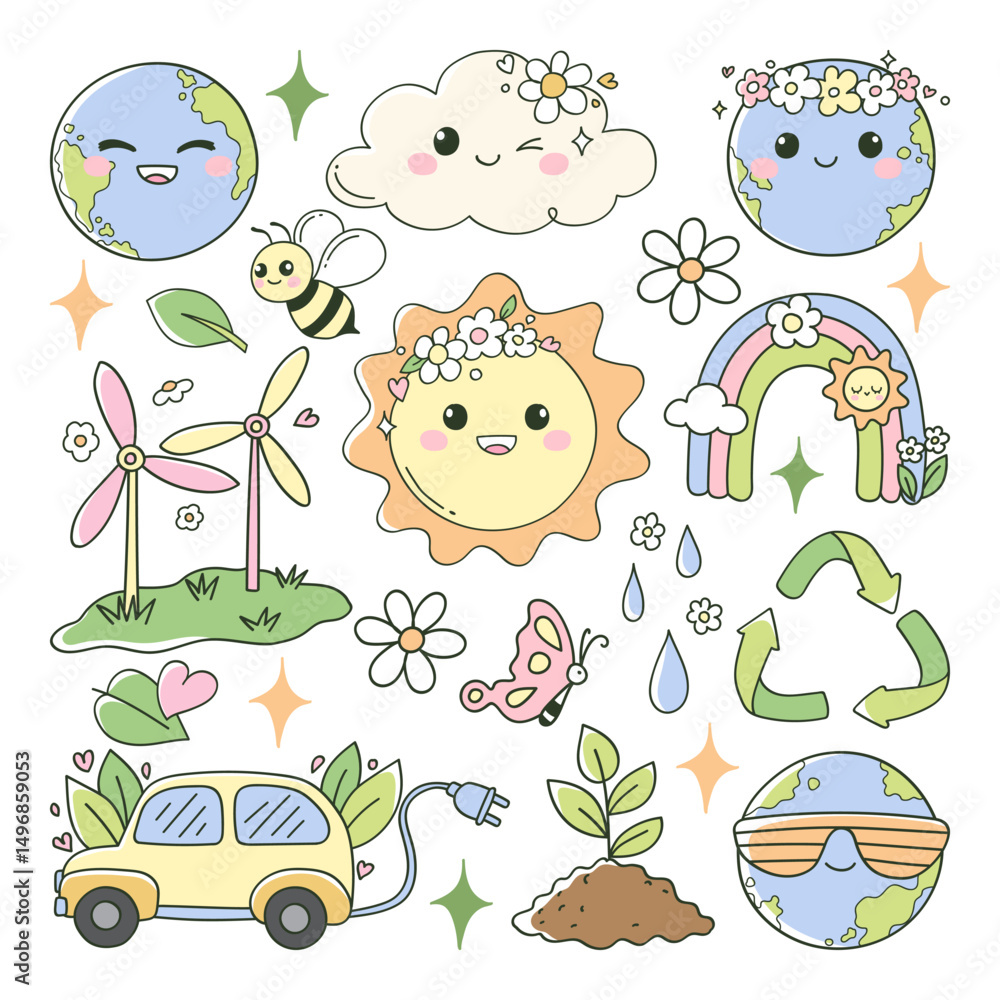 Obraz premium Groovy Earth Day Doodle Cartoon Style Hand Drawn Elements Vector