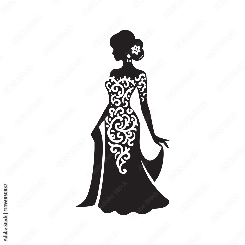 Fototapeta premium Graceful Kebaya Dress Vector Silhouette – Traditional Indonesian and Malaysian Attire, Delicate Lace Patterns, Elegant Fit, Cultural Symbolism, and Classic Beauty in Art. 