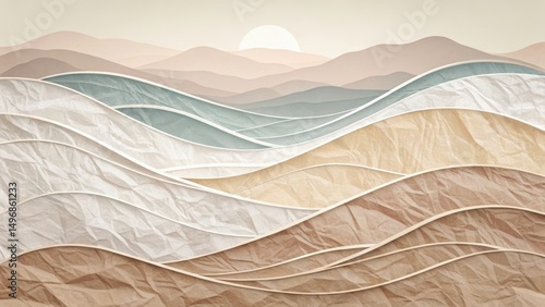 Wallpaper Mural Layered Waves Abstract Landscape Art Print, Neutral Tones, Crumpled Paper Texture Torontodigital.ca