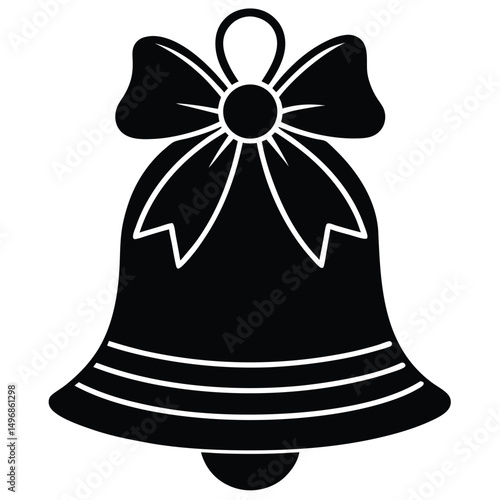 A black bell with a bow on top is hanging.