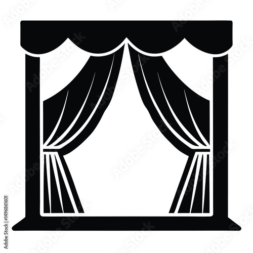 Theater curtains are open on a stage with a scalloped valance.