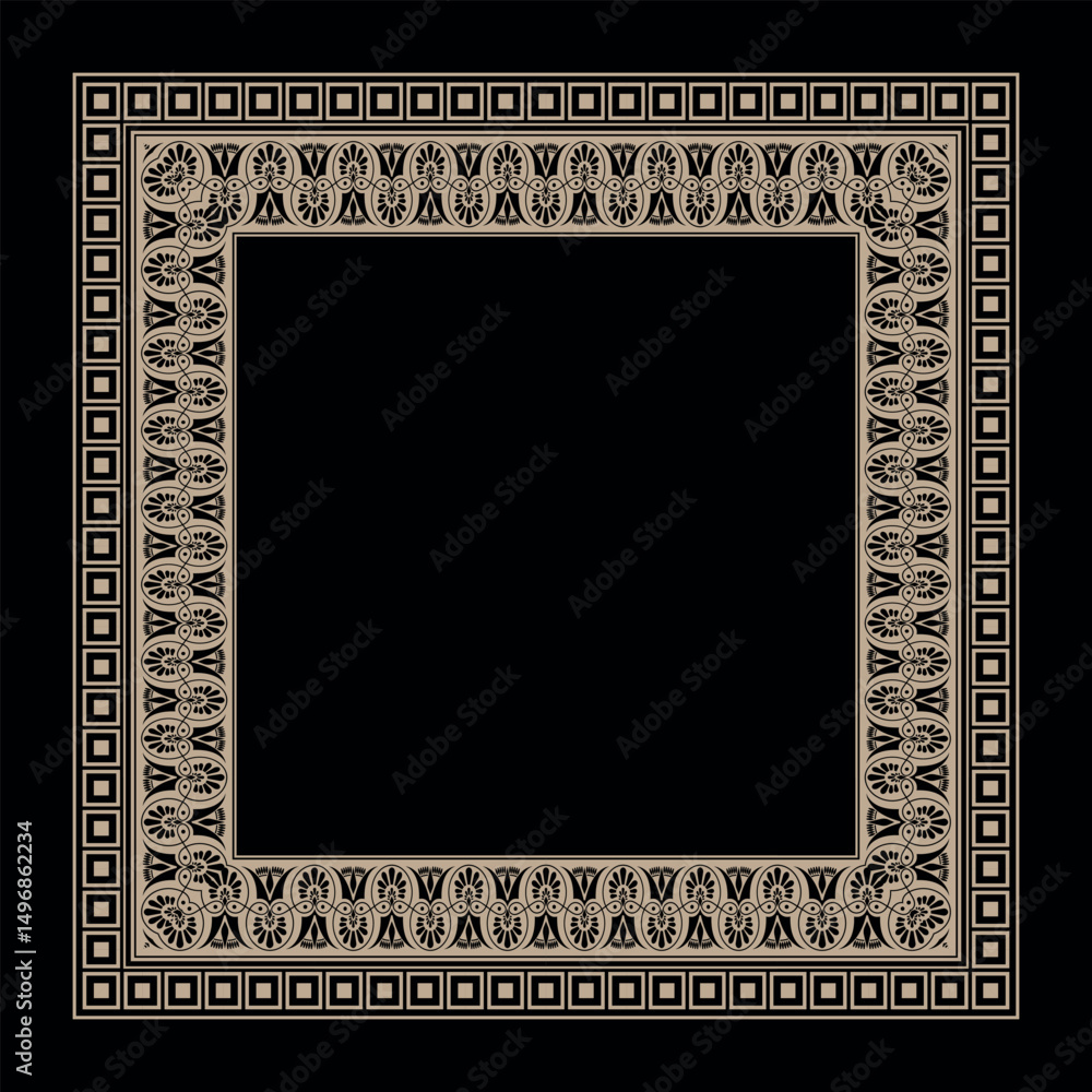 Obraz premium Vector square gold classic frame. Gold Greek meander. Patterns of Greece and ancient Rome. Circle european border plate. Square antique border Greek. Typical egyptian, assyrian and greek motives