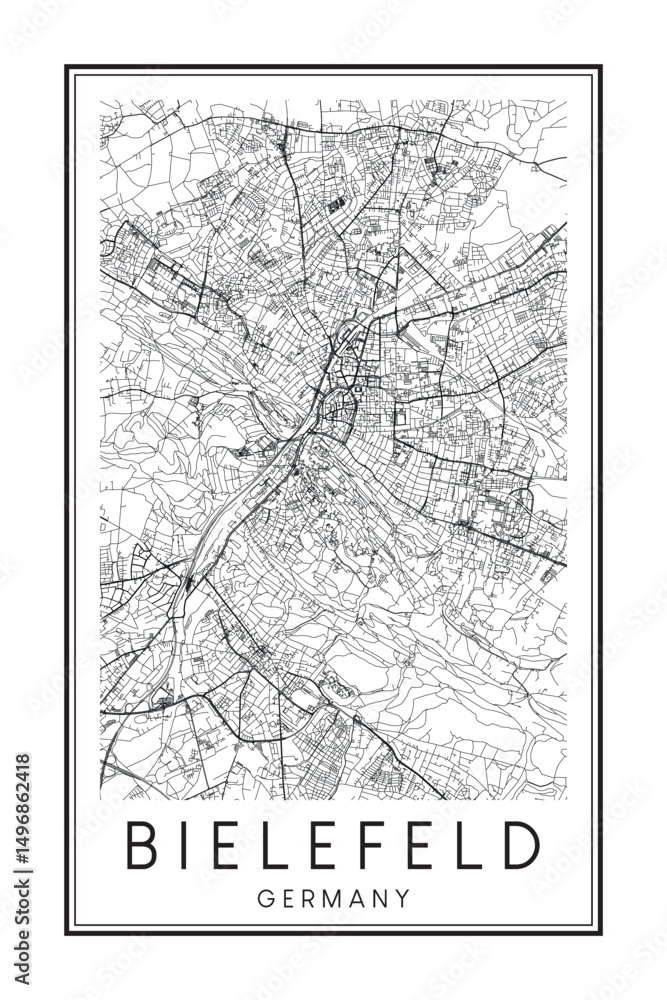 Obraz premium Hand drawn printable downtown road map poster of the German city of BIELEFELD on solid white background with city name
