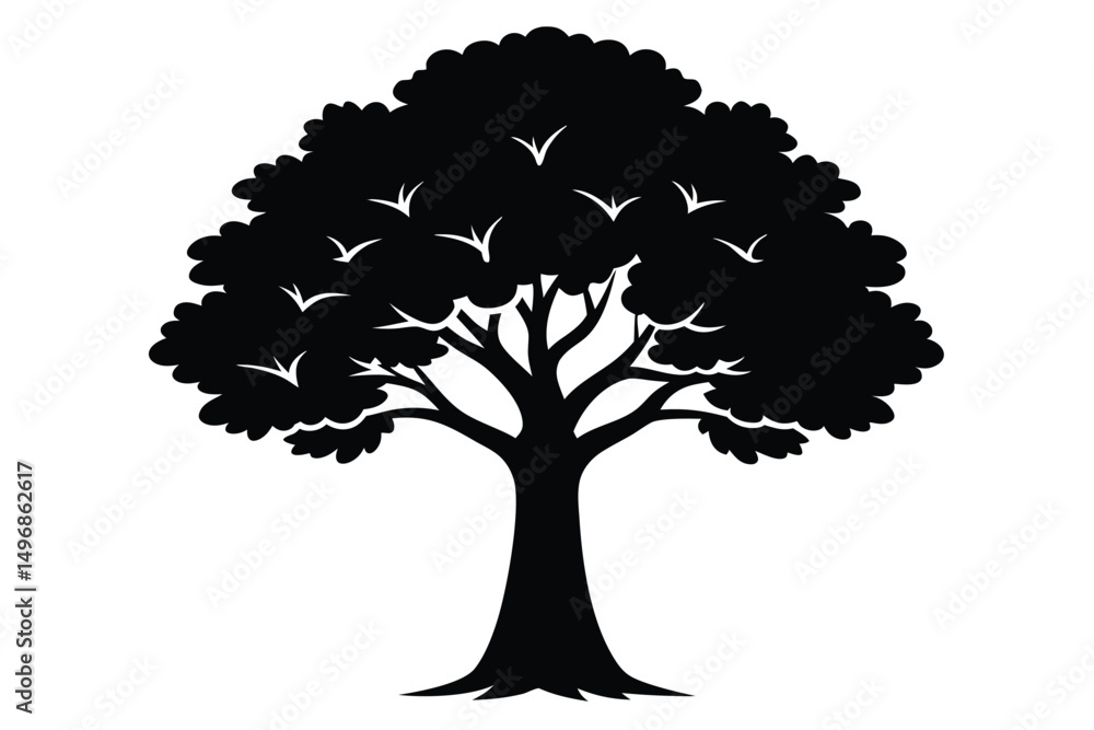 Fototapeta premium A large tree silhouette with many birds flying around it in nature