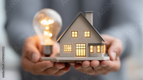 Miniature Home with Glowing Windows Held in Palms Beside Illuminated Lightbulb
