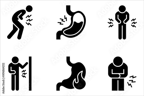 Indigestion icon set. Upset stomach. Stomachache. Digestive disorder. vector illustration on white background