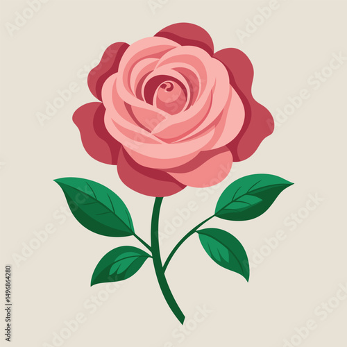 A beautiful pink rose with green leaves on a stem