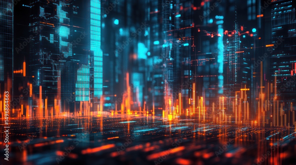 Fototapeta premium Digital Metropolis: A futuristic cityscape of glowing skyscrapers and data streams.