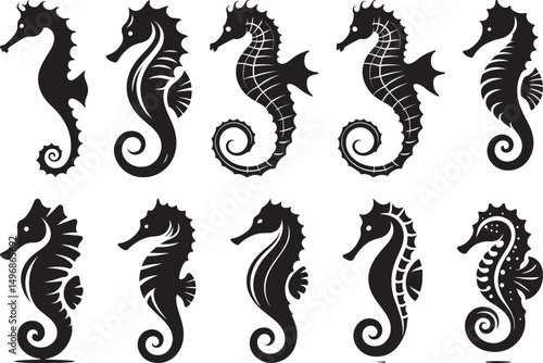 Collection of black silhouettes of sea horses ocean wildlife marine animals