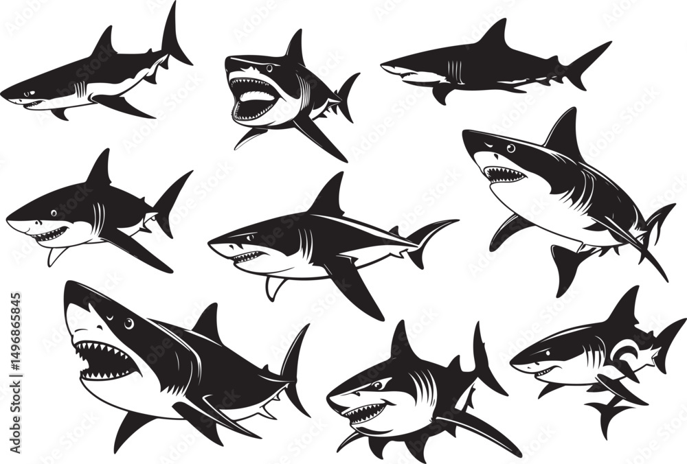 Fototapeta premium Collection of black and white shark illustrations great white sharks