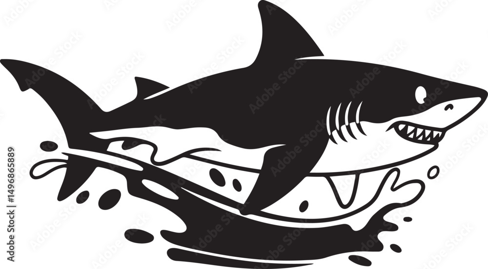 Fototapeta premium Great white shark leaping from water black and white illustration
