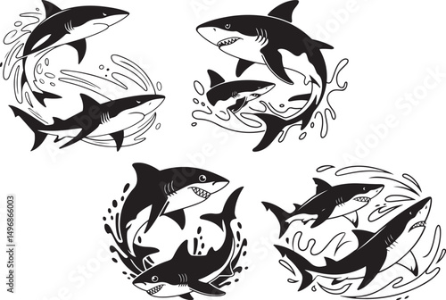 Sharks swimming in ocean waves black and white illustration