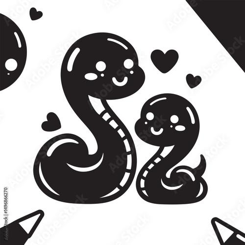 Adorable cartoon snakes couple in love cute illustration