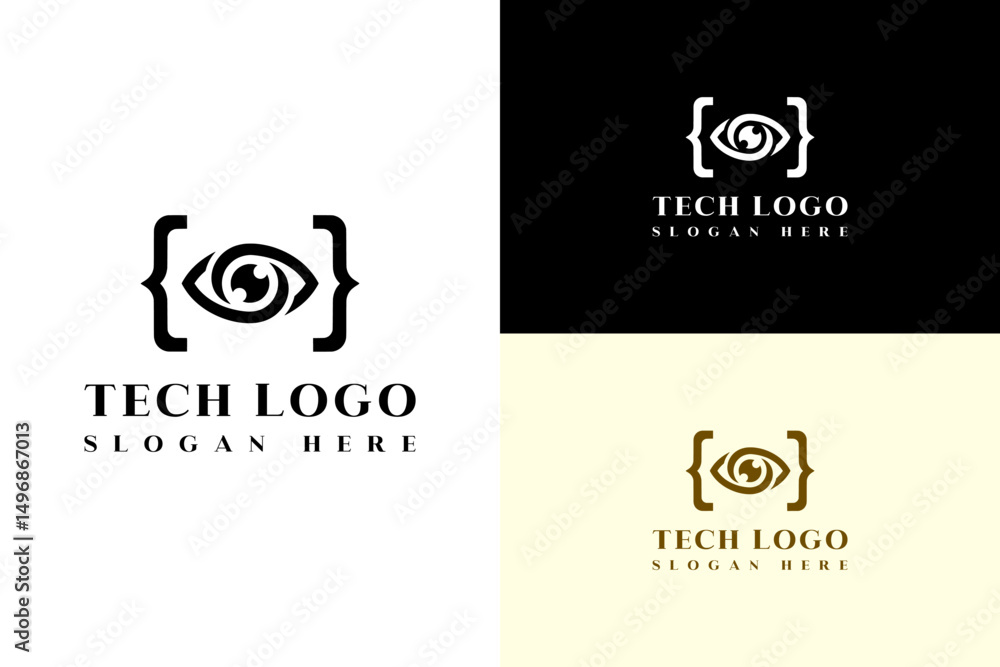 Fototapeta premium illustration of eye in code brackets, vector, icon, minimal, logo for artificial intelligence, ai vision, web design, software development, programming, software house, tech, and more