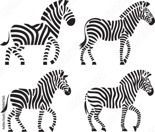 Four stylized black and white zebra illustrations