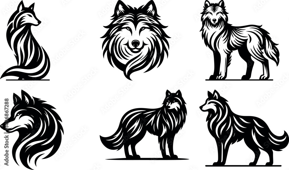 Fototapeta premium Six stylized black and white wolf illustrations