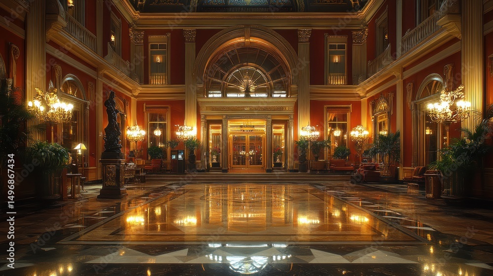 Fototapeta premium Grand Hotel Lobby: Luxurious Interior with Gilded Details