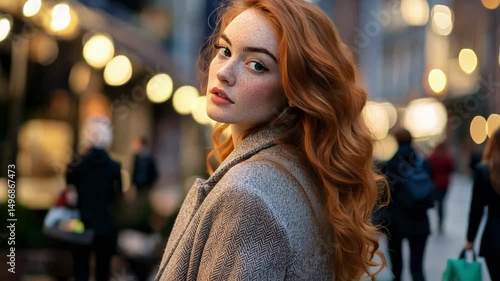 Wallpaper Mural A young woman with long red hair looks back at the camera in a lively urban environment surrounded by bright lights and people. Torontodigital.ca