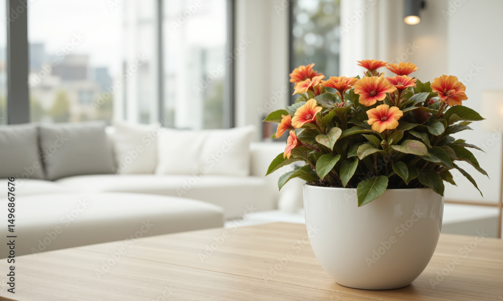 Fototapeta premium Begonia (Begonia spp.) Compact plant with vibrant, waxy flowers and lush green or bronze foliage, potted in a glazed ceramic