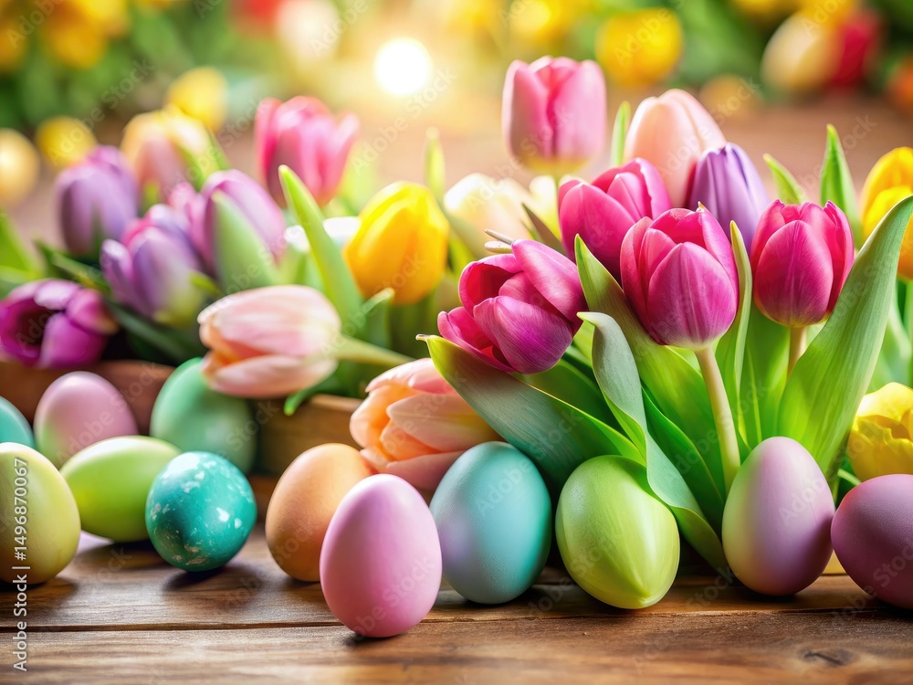 Pastel Easter Eggs Tulips Panoramic Spring Photography Background Wallpaper Pastel Easter Eggs Tulips Panoramic Spring Photography Background Wallpaper