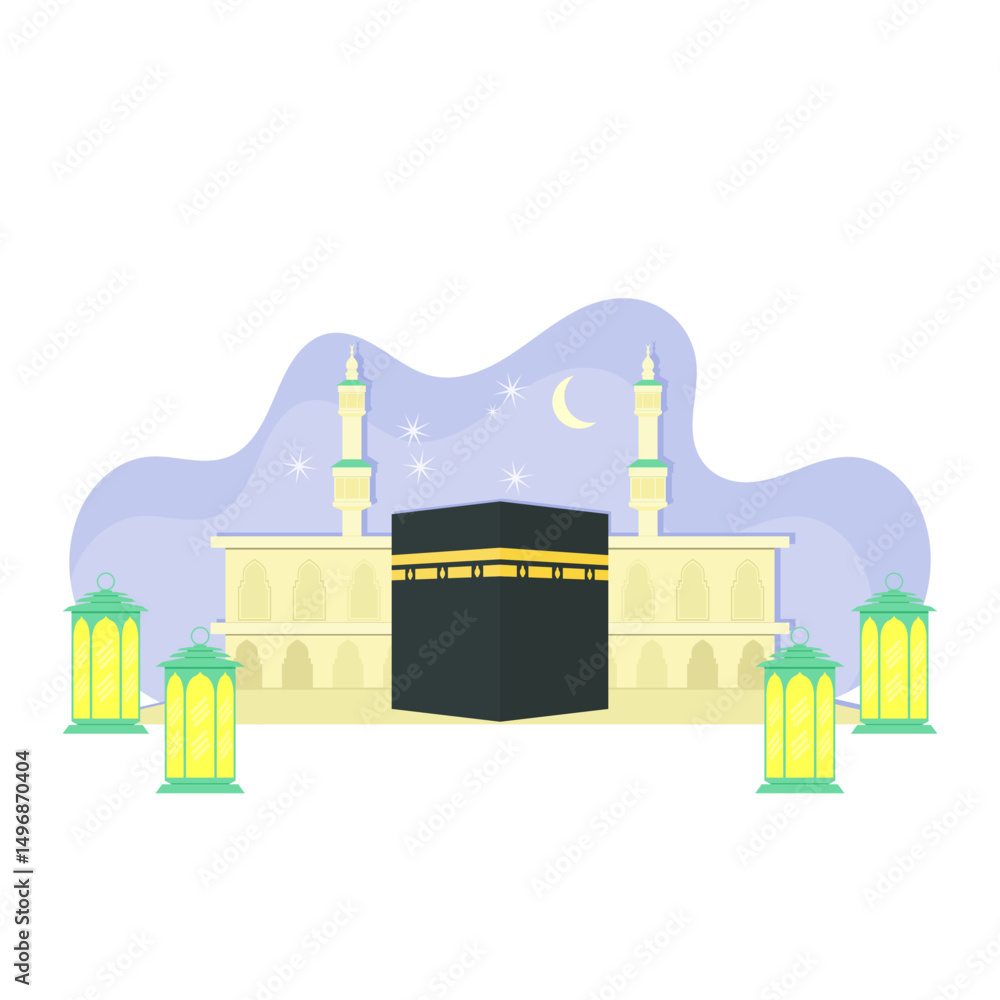 Fototapeta premium Kaaba, Mecca. Islamic buildings and holy places. Grand Mosque. Eid al-Adha. Muslim theme background. Islamic celebration. vector illustration. hajj pilgrimage theme