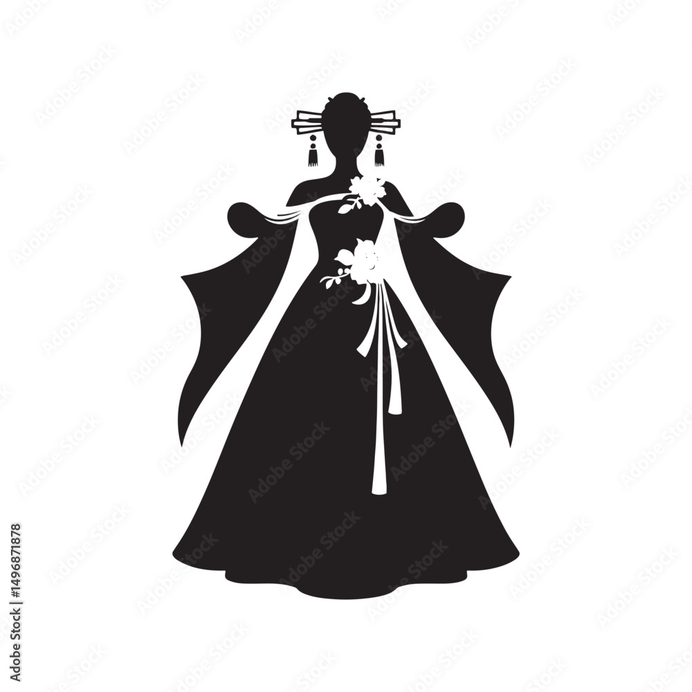 Fototapeta premium Modern Chinese Wedding Dress Vector Silhouette – Fusion of Tradition and Contemporary Elegance, Bold Red Hues, Intricate Details, and Cultural Symbolism.