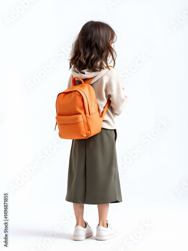 Back view of girl with orange backpack, school or casual outfit.

