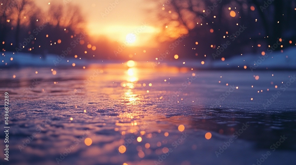 Frozen river at sunset, glittering ice, warm hues, winter scene Frozen river at sunset, glittering ice, warm hues, winter scene