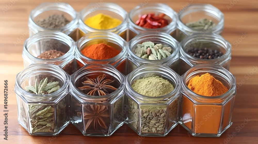 Assorted Spices in Glass Jars Aromatic Herbs and Flavorings Assorted Spices in Glass Jars Aromatic Herbs and Flavorings