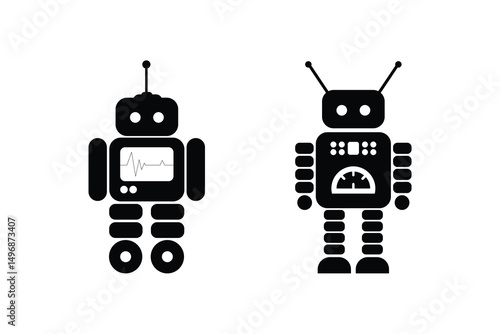 Friendly Humanoid Robot Icon Set Cheerful Smiling Androids in Flat Childish Style Vector Illustration on Transparent Background