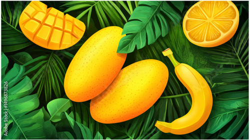 Flat illustrator style. Mango, lemon, ananas, bananas, palms. Tropical style vector