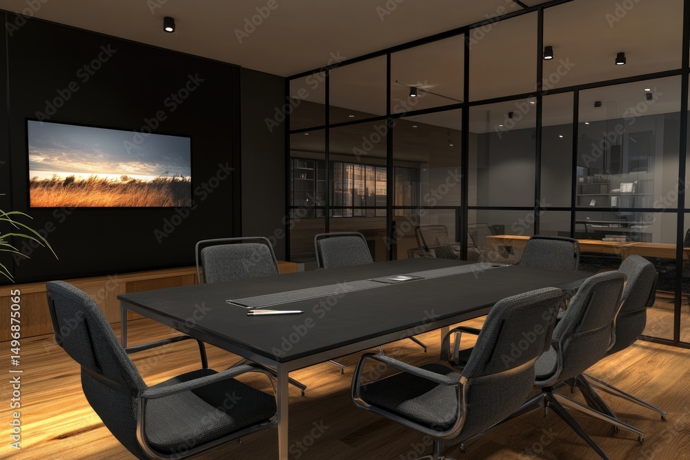 Fototapeta premium Modern dark meeting room with glass partitions, showcasing a long table with dark gray chairs and a large screen