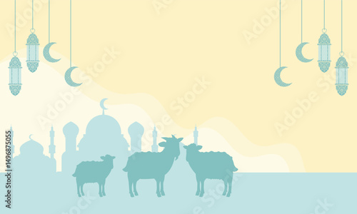 background of mosque, lanterns and goats. Eid al-Adha. Muslim theme background. Islamic celebration. vector illustration. hajj pilgrimage theme