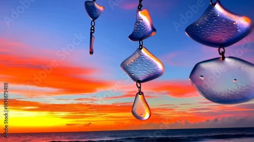 Decorative glass wind chimes hanging with a colorful sky and ocean backdrop at sunset creating a beautiful zen tranquil scene.