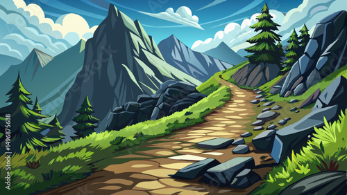 vector of rocky hillside trail with distant mountain view