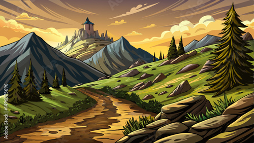 vector of rocky hillside trail with distant mountain view