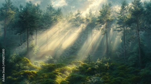 Wallpaper Mural Sunlight streaming through dense trees in a tranquil forest setting with lush greenery and ethereal atmosphere Torontodigital.ca