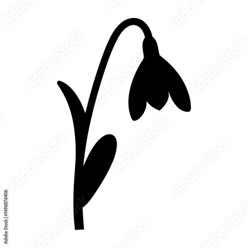 Silhouette of a single snowdrop flower with a curved stem and leaves