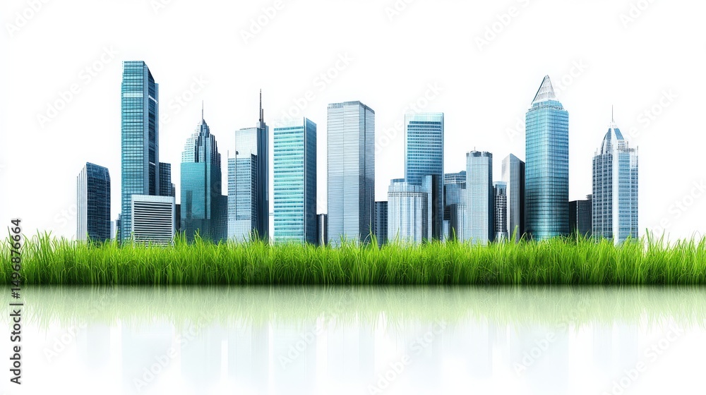 Modern City Skyline Reflection with Green Grass in Foreground Modern City Skyline Reflection with Green Grass in Foreground