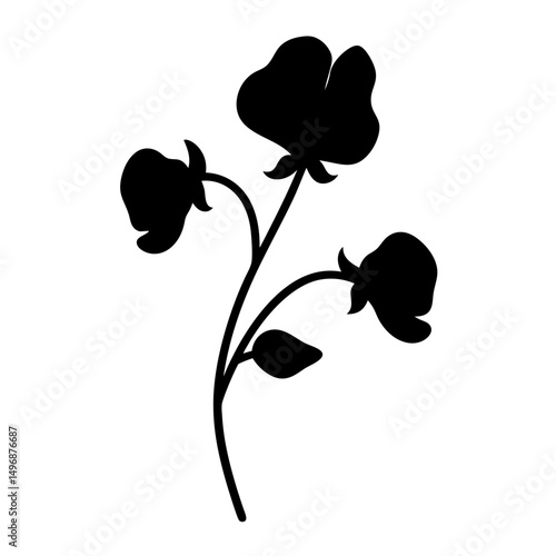 Stylized sweet pea flower plant in black silhouette on white background