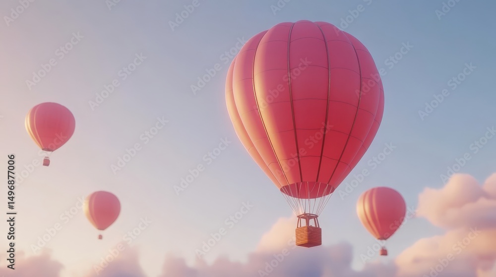 Fototapeta premium Colorful Hot Air Balloons Gliding Through Soft Cloudy Sky at Sunset