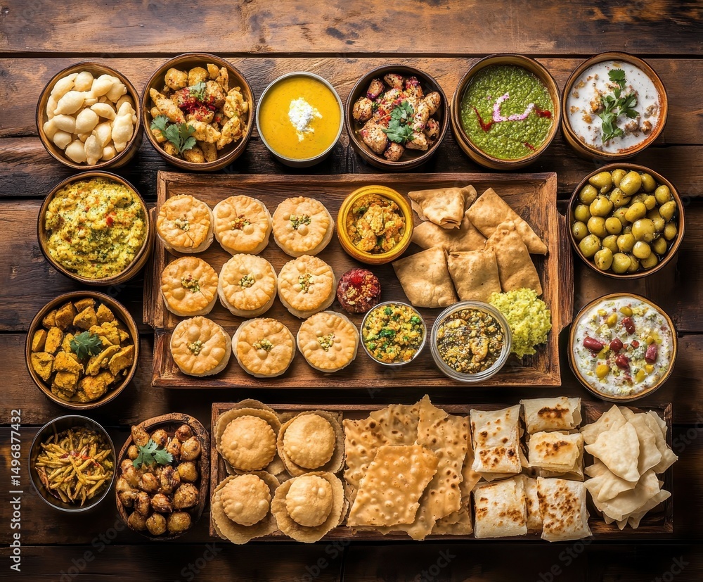 Fototapeta premium Assorted dishes of various cuisines on a wooden surface